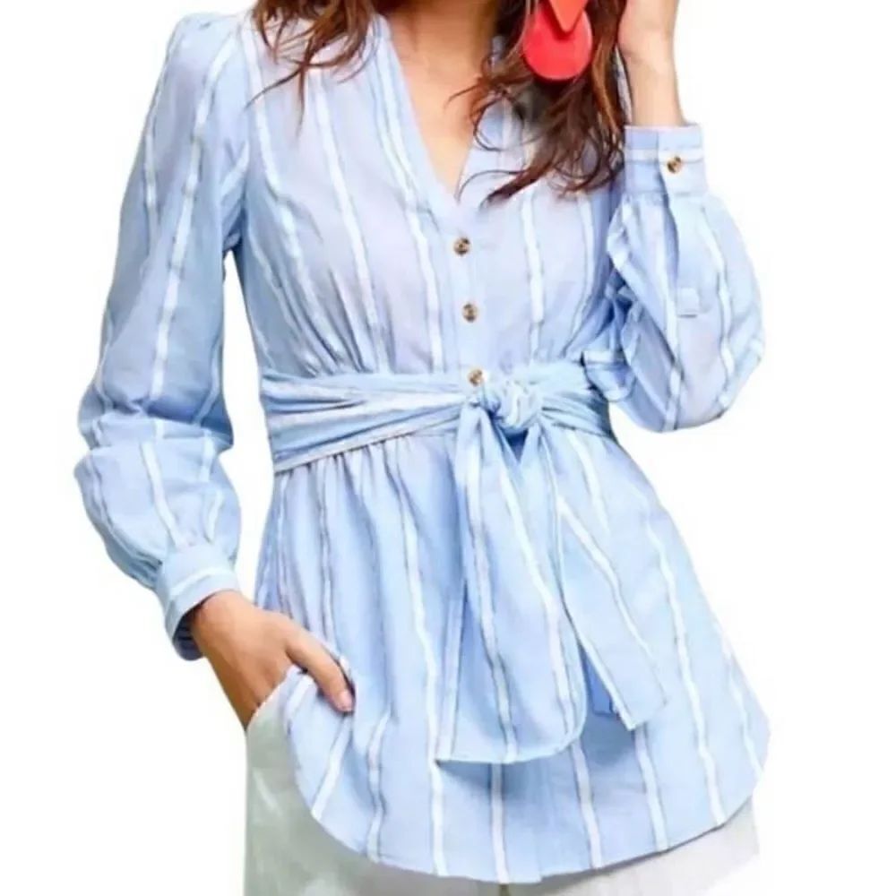 Anthropologie Building 18 South Seas Blue Stripe Belted Button Top